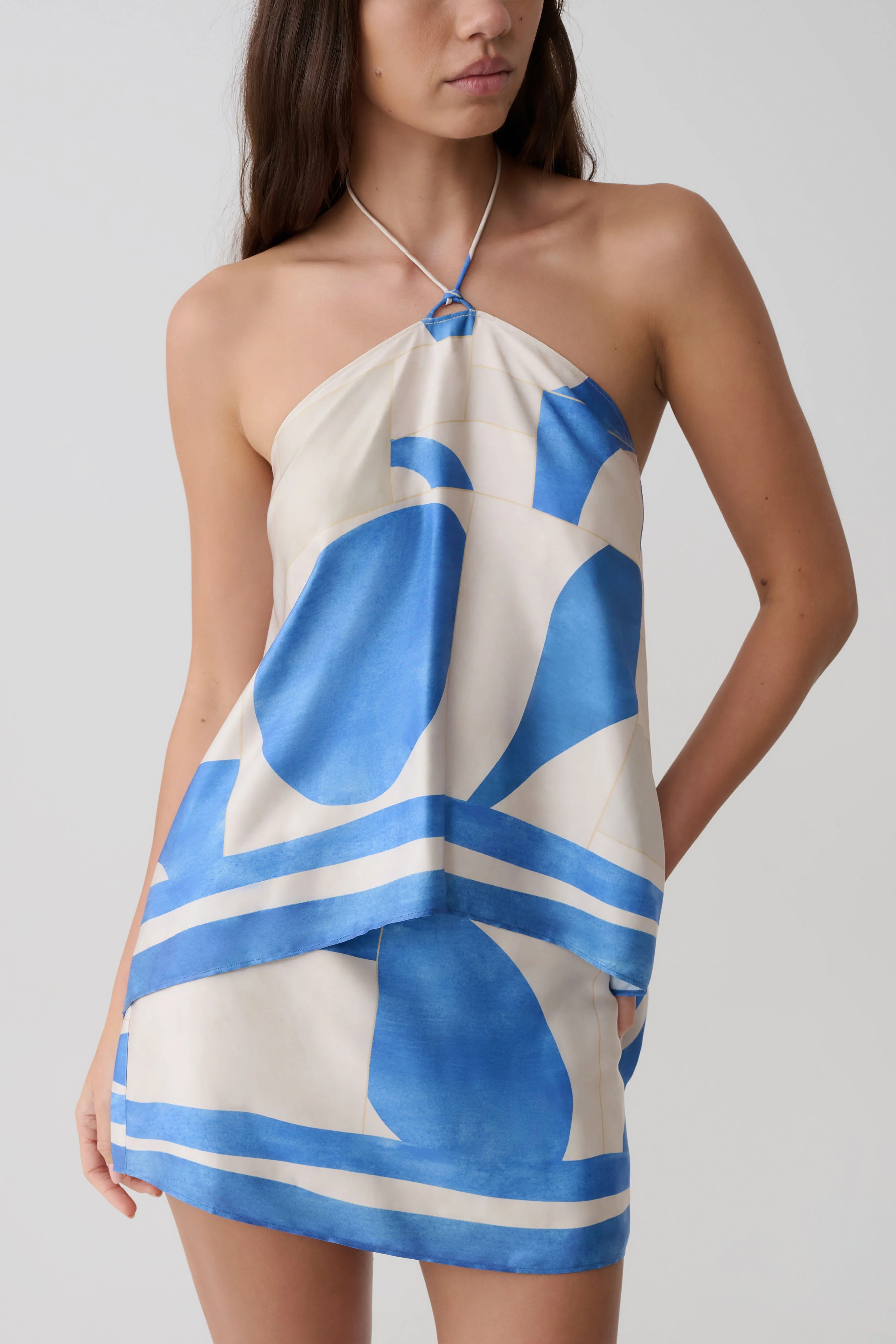 Adelaide Satin Mini Skirt - Blue Geo Tile Print - Image 7