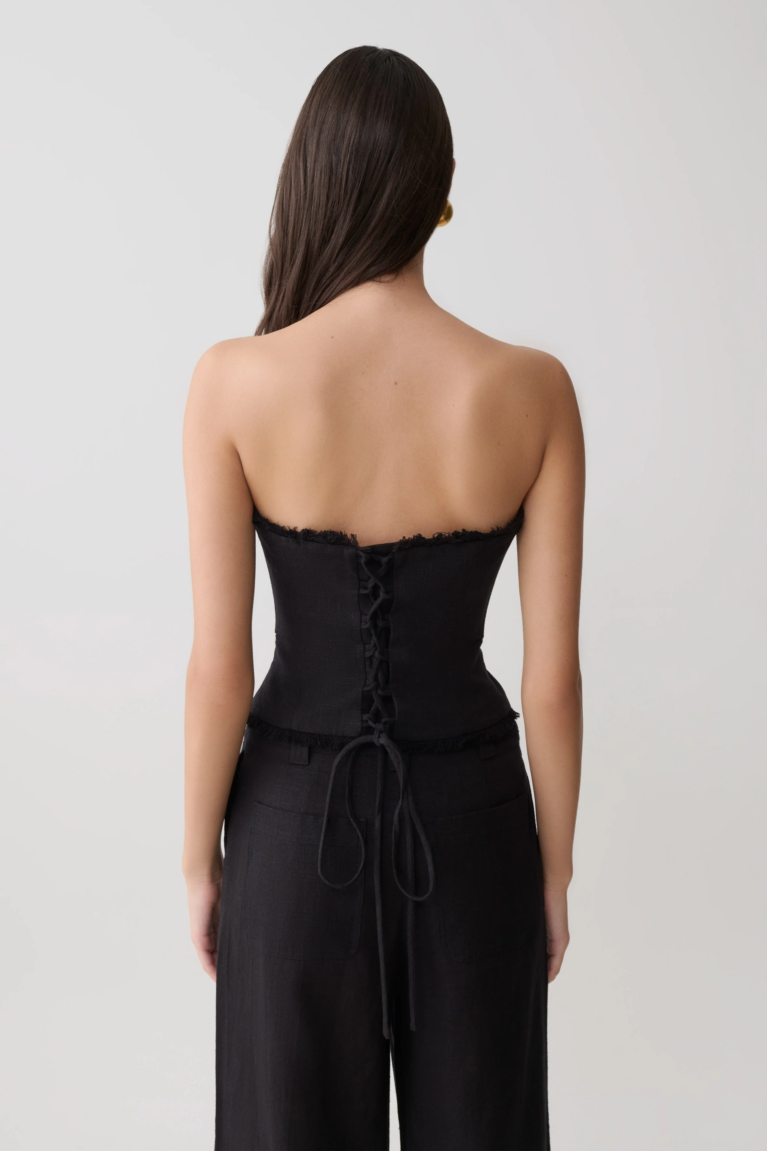 Annie Strapless Tie Back Linen Top - Black - Image 2