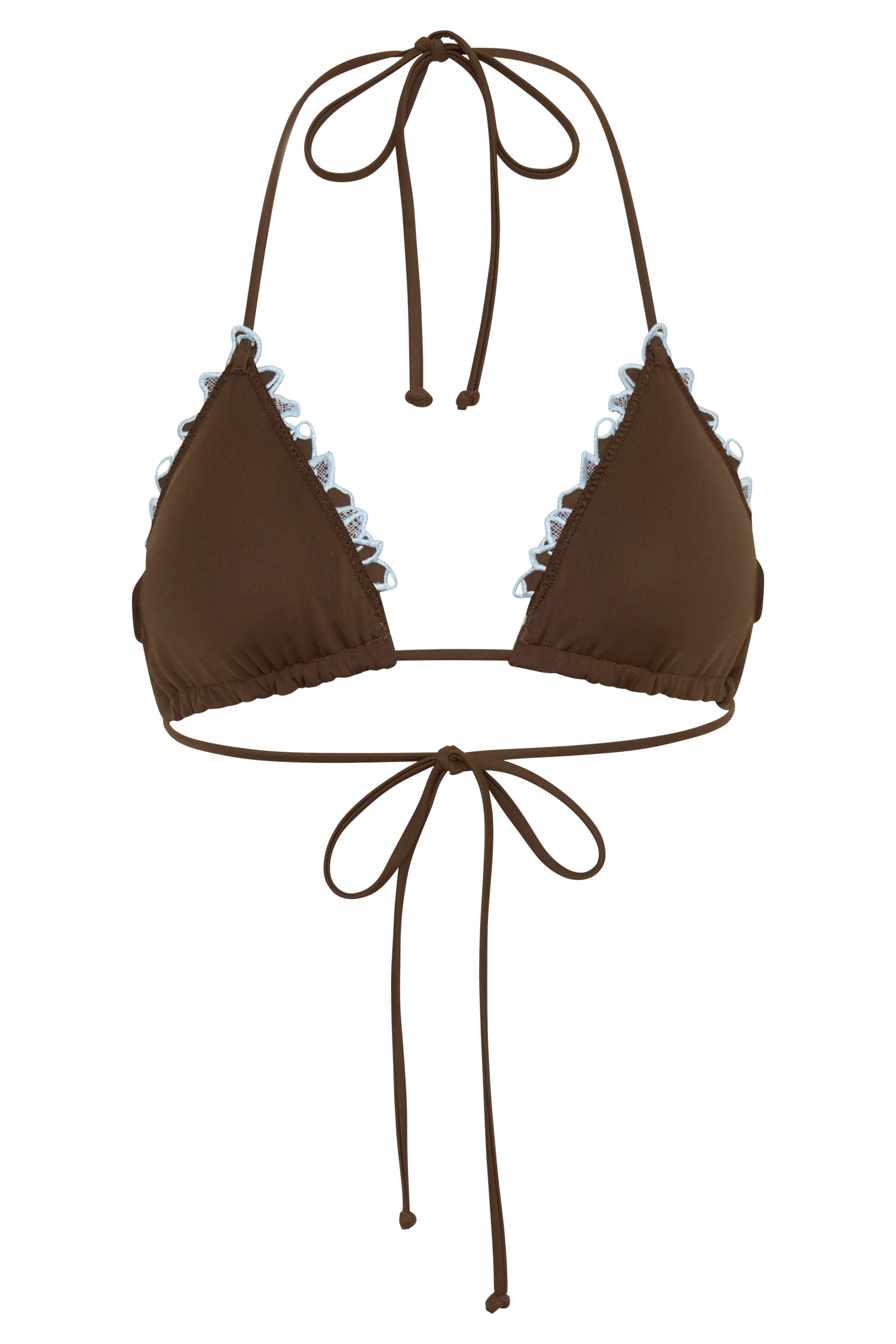 Bloom Embroidered Triangle Bikini Top - Chocolate With Pale Blue Embroidery - Image 12