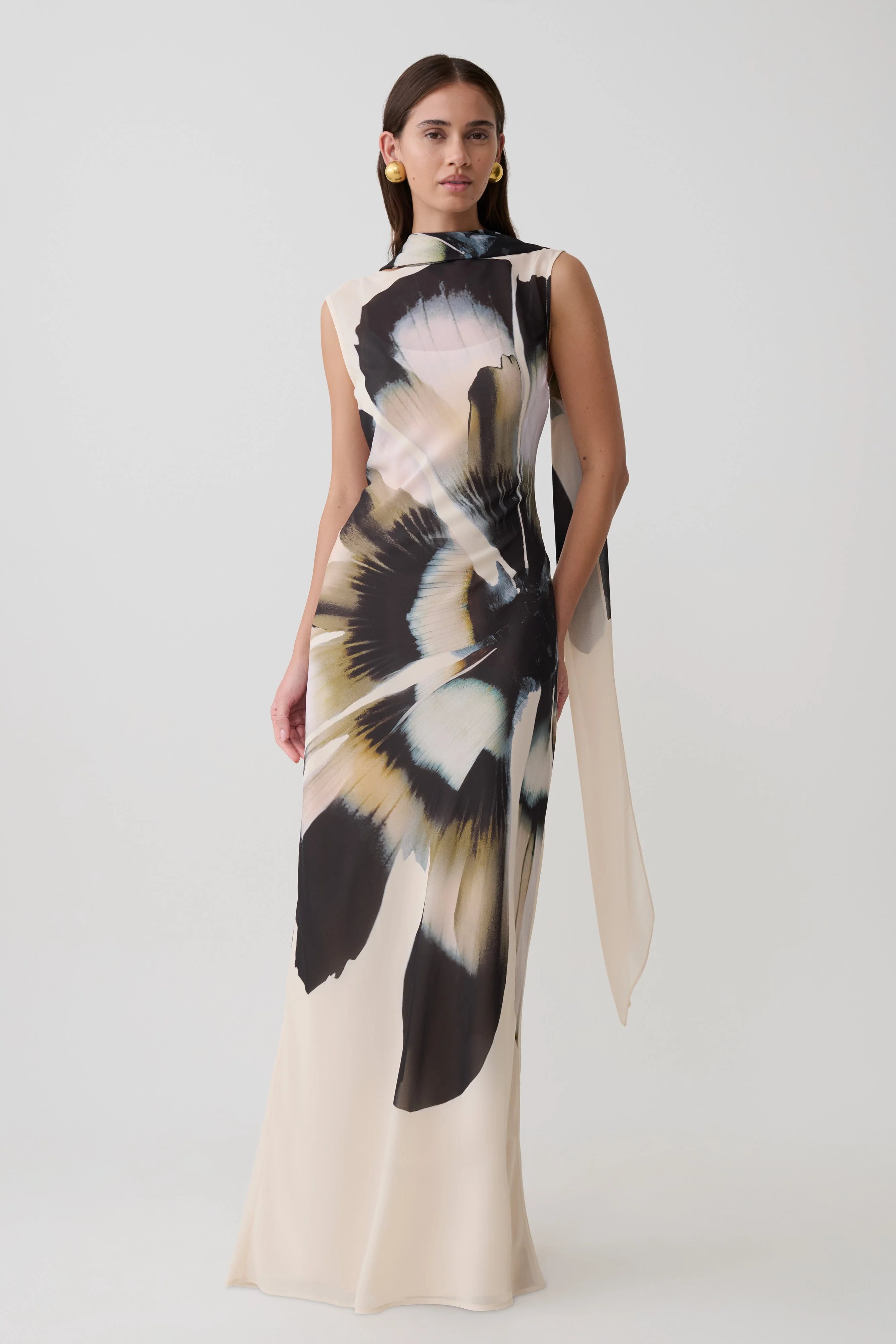 Dakota Chiffon Maxi Dress With Scarf - Ivory Oversized Floral Print - Image 2
