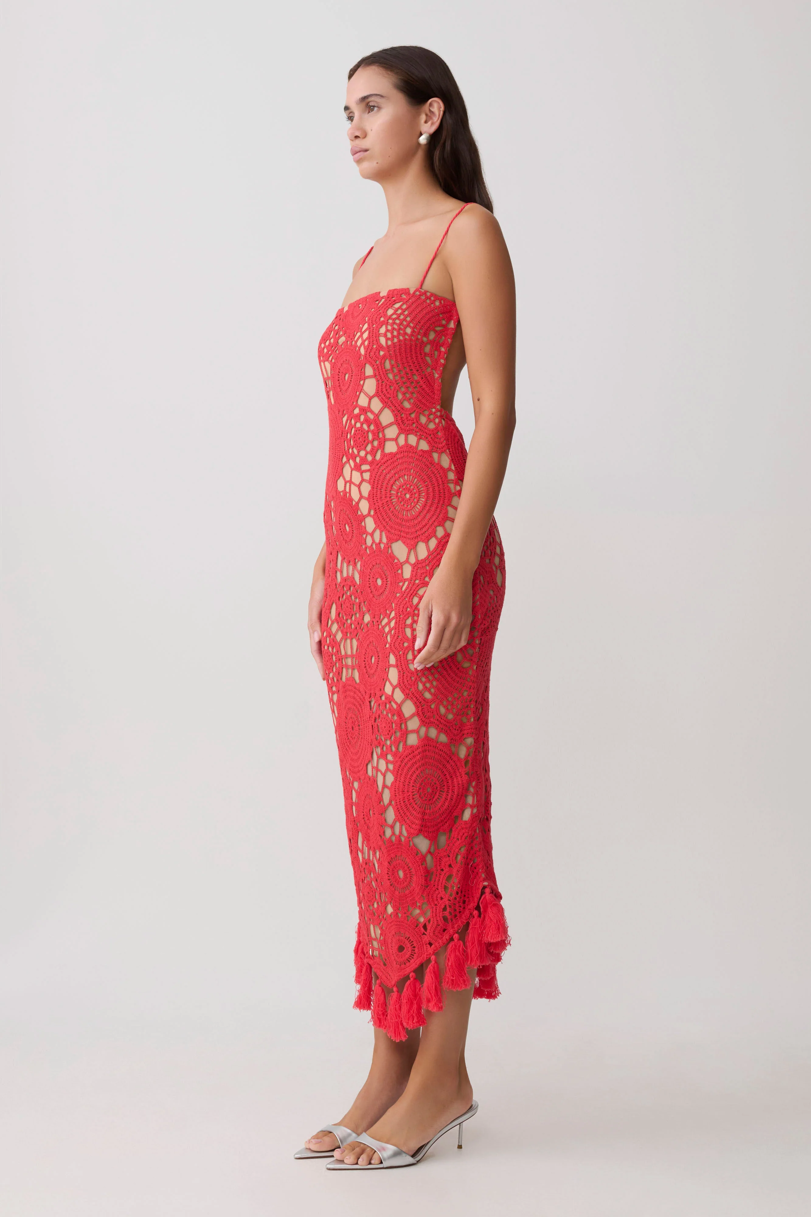 Delta Crochet Halter Midi Dress - Red - Image 3