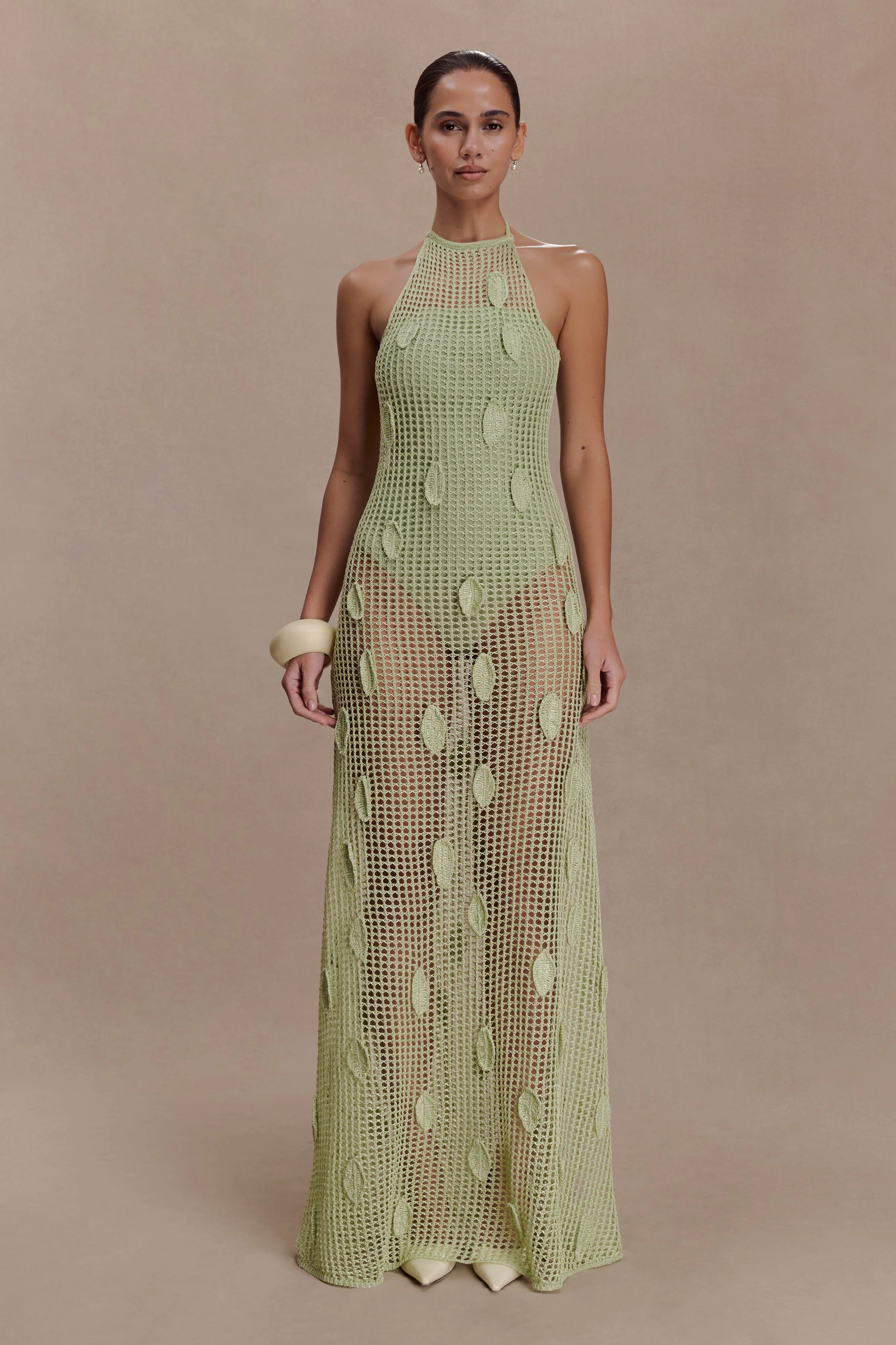 Elfie Crochet Halter Maxi Dress - Pastel Green