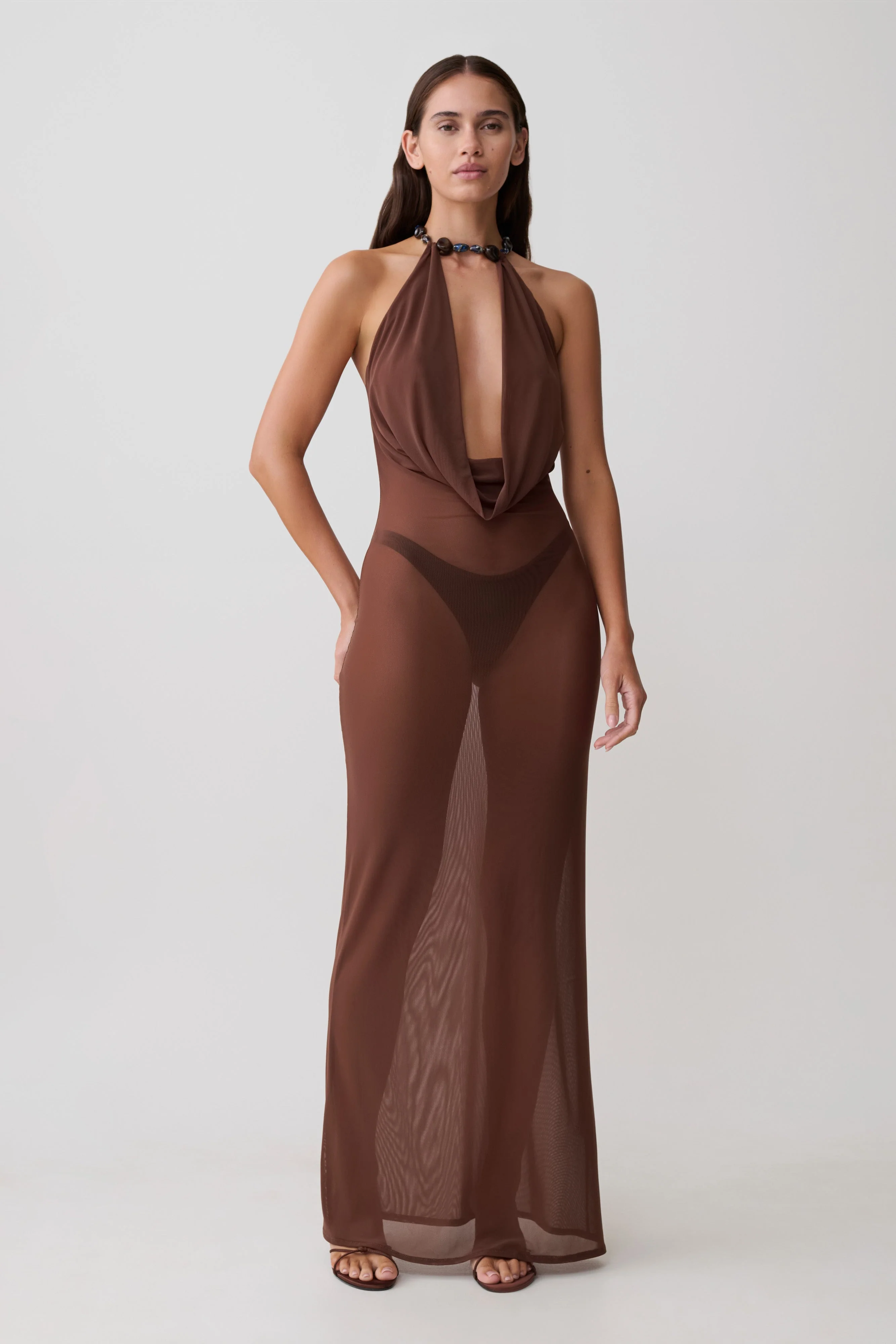 Ethal Mesh Cowl Neck Beaded Maxi Dress - Chocolate - Image 5