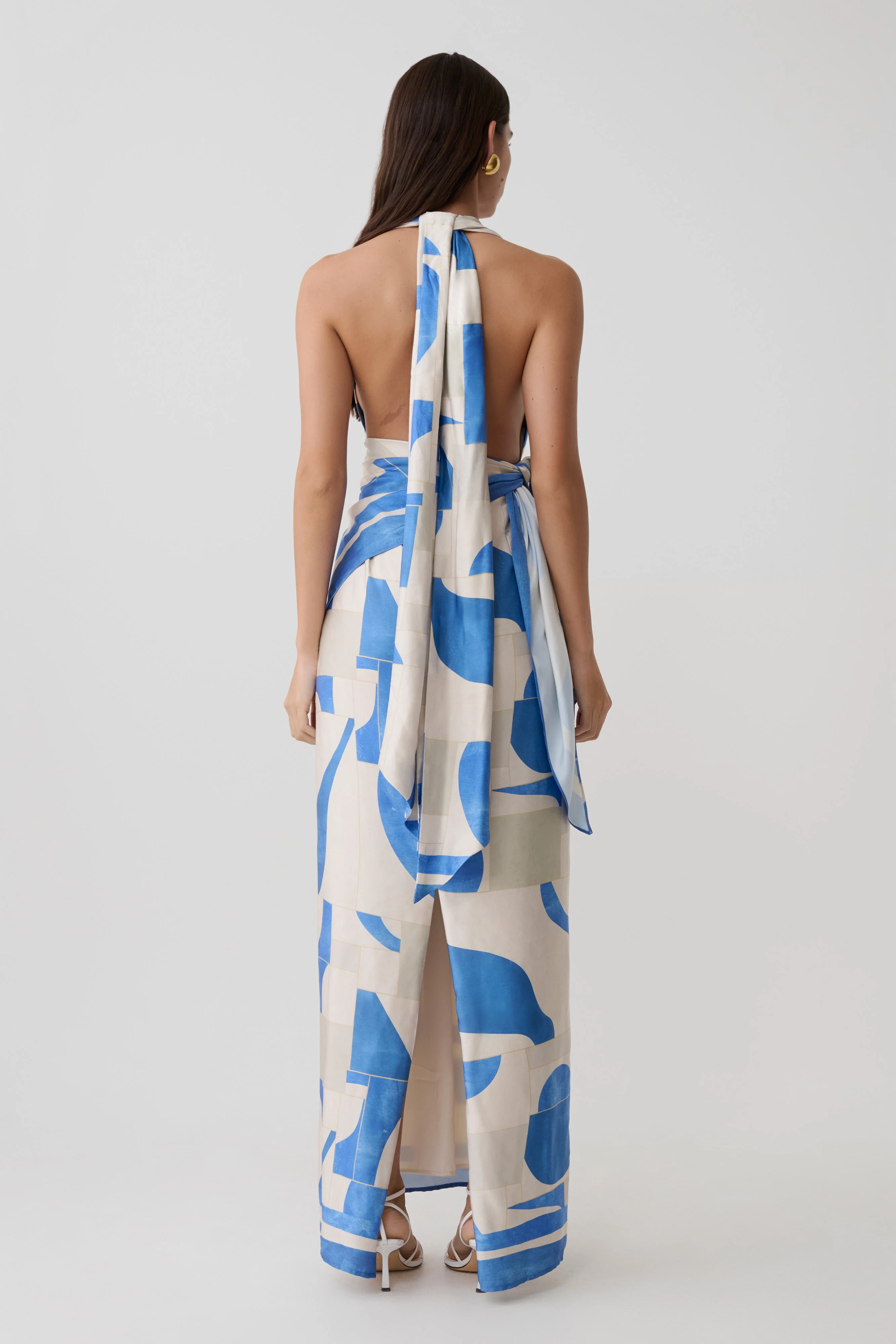 Gianna Satin Halter Maxi Dress - Blue Geo Tile Print - Image 2