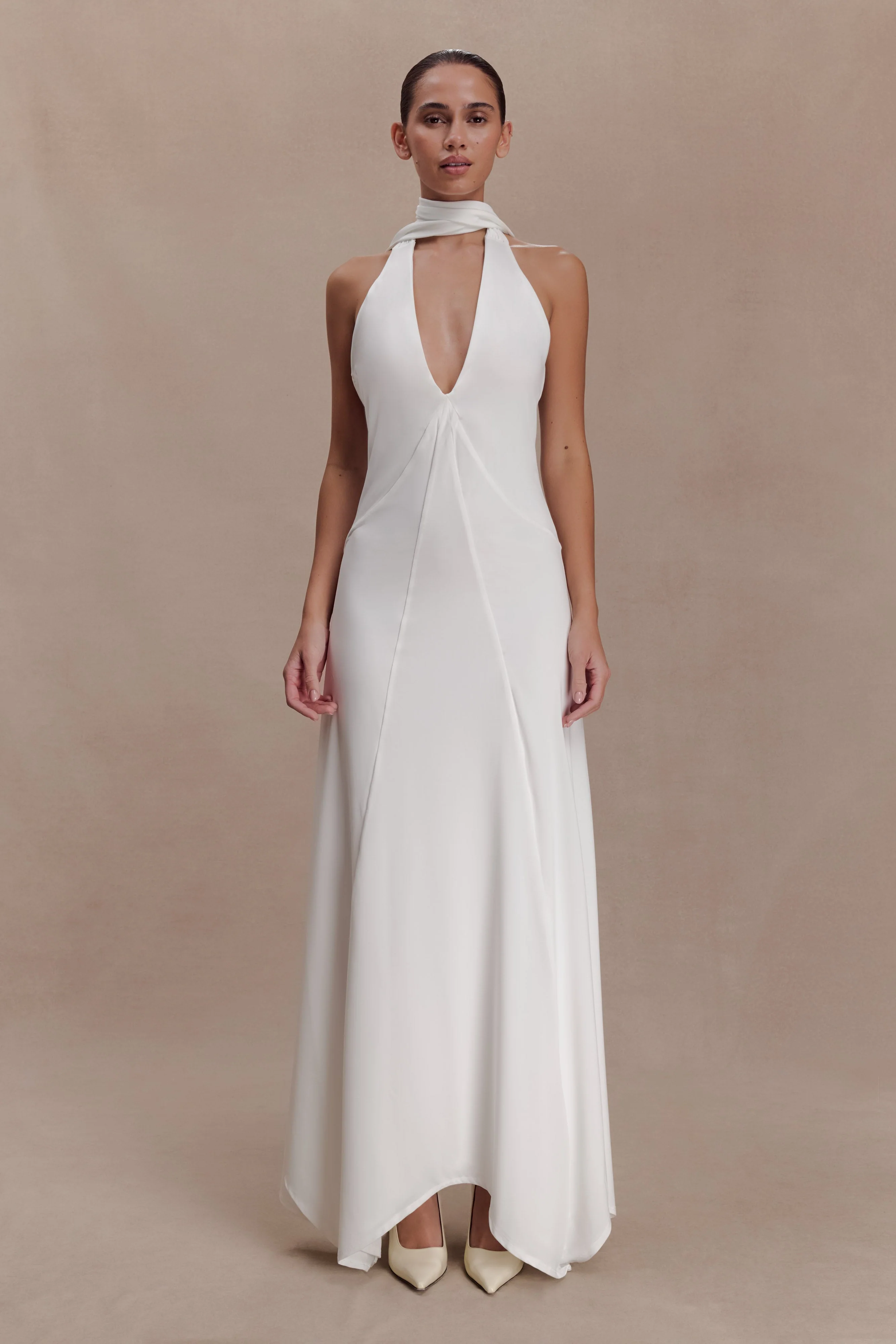 Juliet Slinky Maxi Dress With Scarf - White