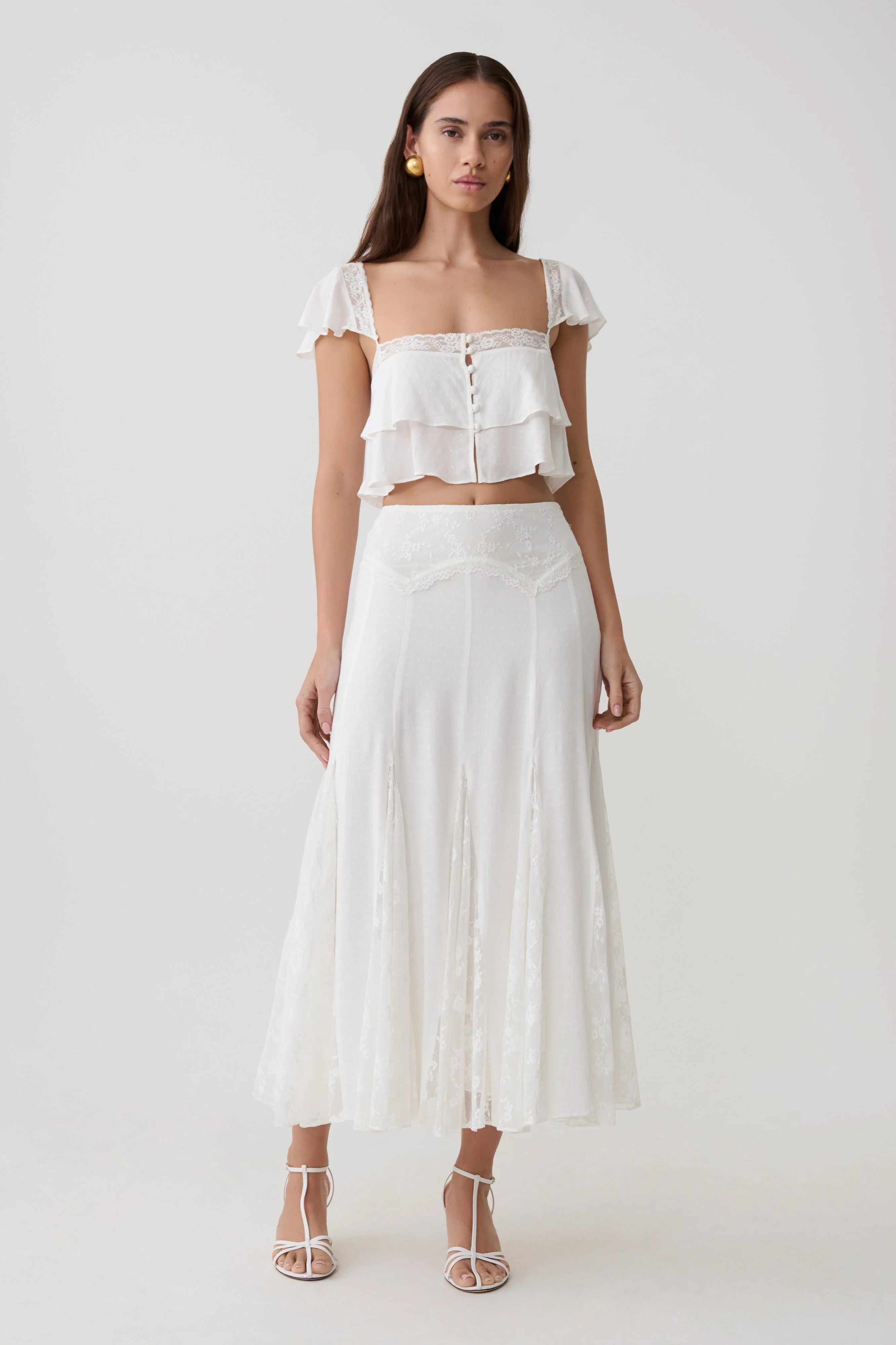 Skylar Lace Panelled Midi Skirt - White